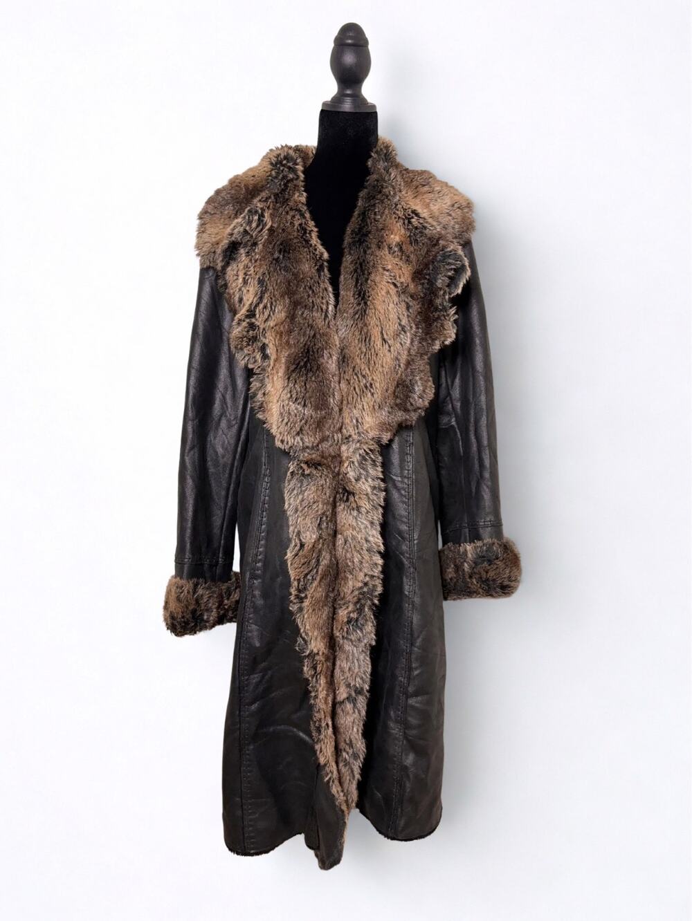 Poussière d’Étoile Dramatic Fur Collar Full Length Faux Leather Penny Lane Coat